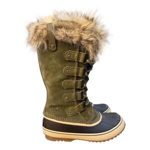 Sorel Joan of Arctic Waterproof Green Suede Snow Boot Fur Cuff Women size 9.5